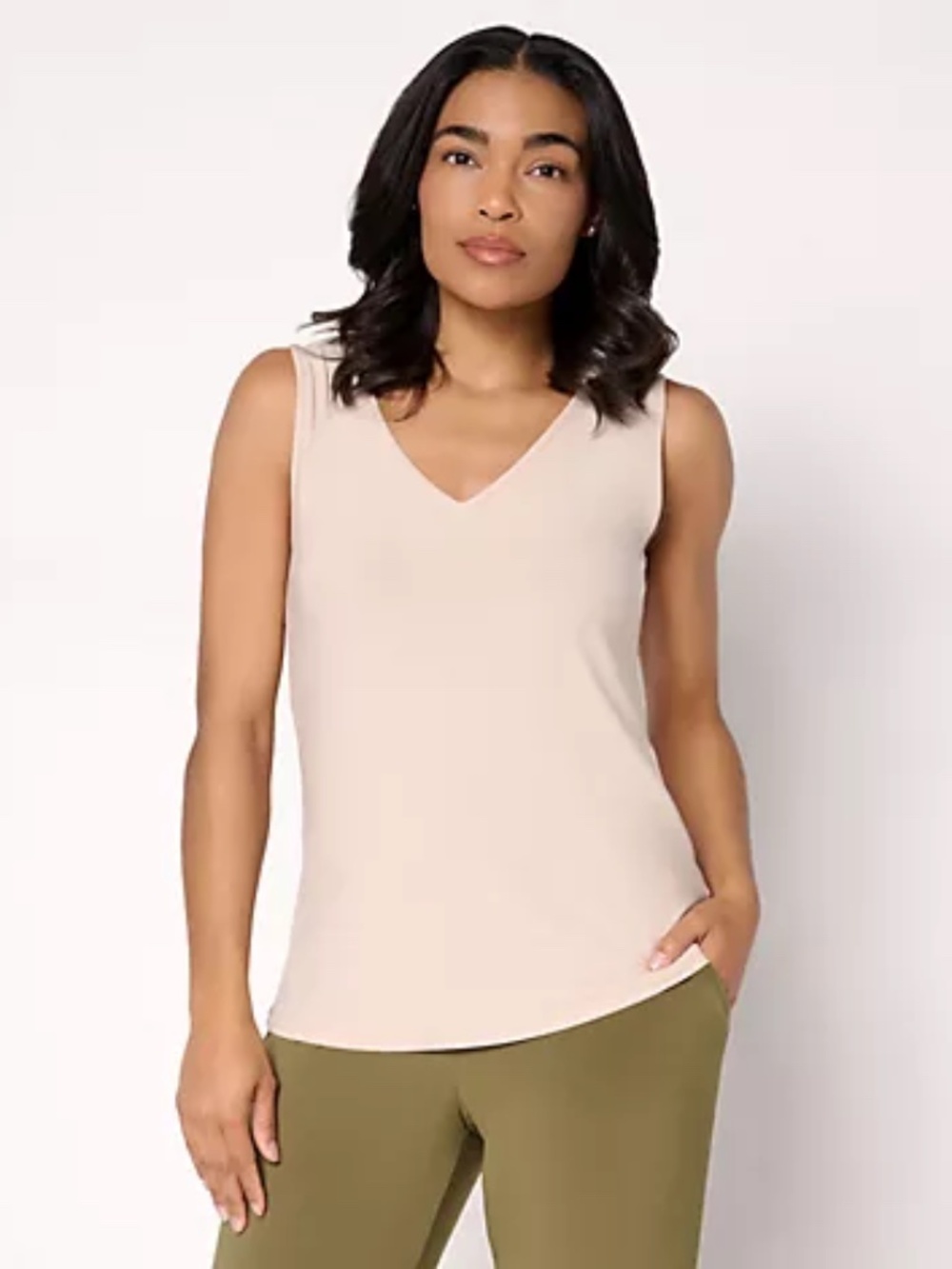 Dennis Basso Basics V-Neck Italia Knit Tank, Sand Sz L a728027